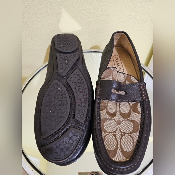 COACH Men's Brown Logo Canvas Penny Loafers with Dark Brown Trim - Picture 5 of 9
